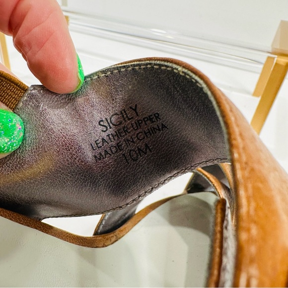 TAHARI SICILY STRAPPY CLASSY WOOD STACKED 4 1/2โ HIGH HEEL BROWN LEATHER SIZE 10 - Picture 9 of 10